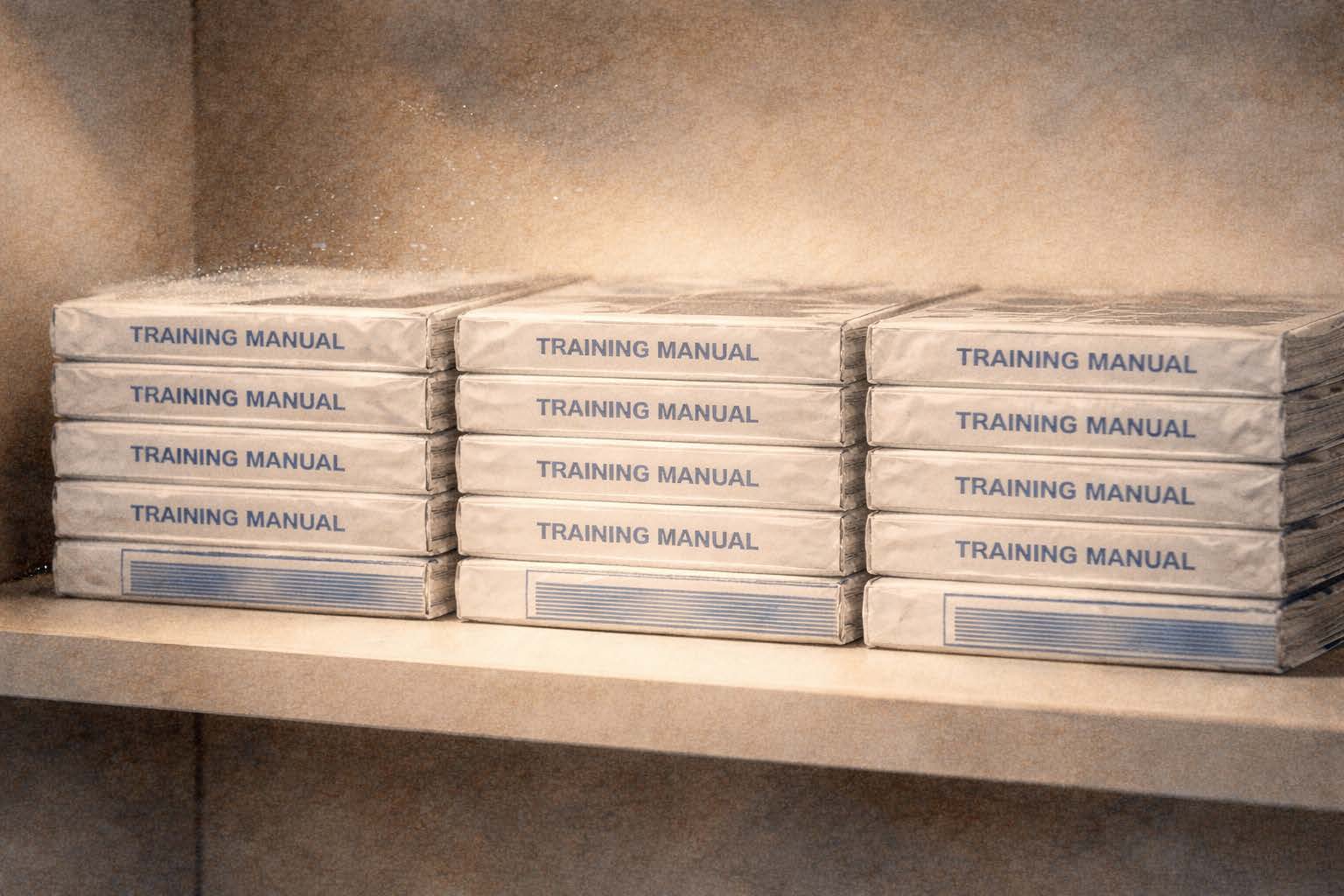 Stacks of shrink-wrapped training manuals gathering dust on a shelf