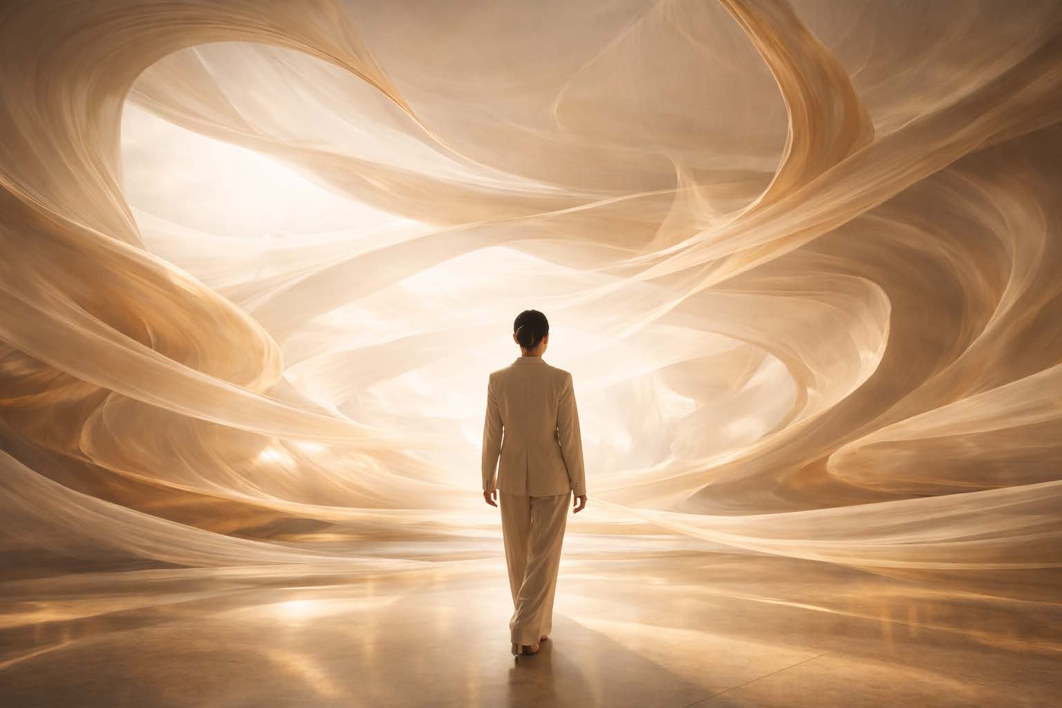 Professional woman walking into expansive space of flowing light and possibility