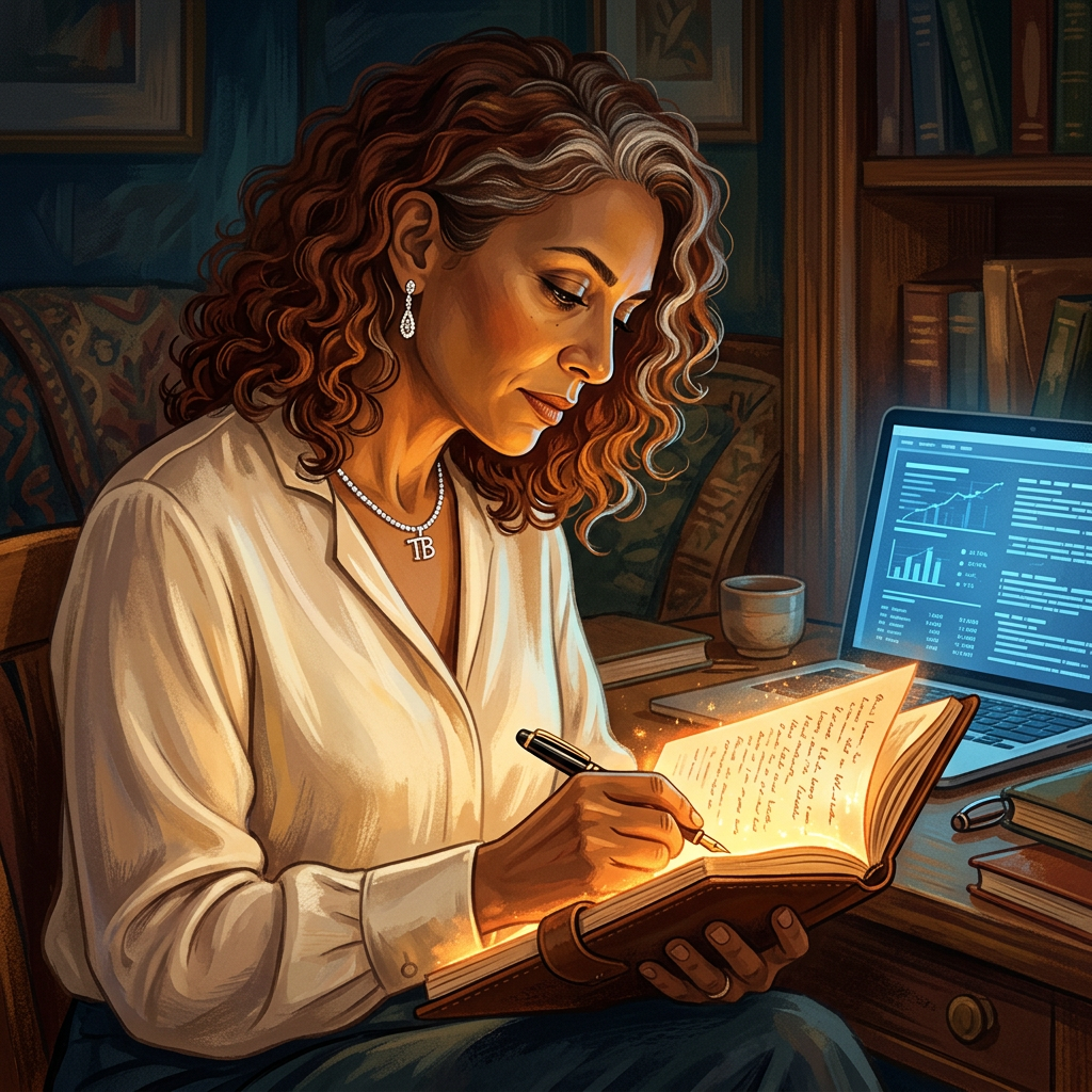 A mid-career woman writing by the light of her notebook while a laptop glows softly beside her, representing the practice of working with AI without disconnecting from her own thinking