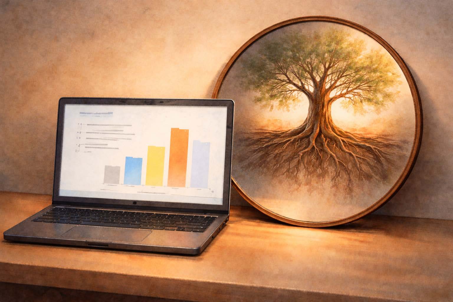 A laptop showing data charts with a mirror reflecting a growing tree instead