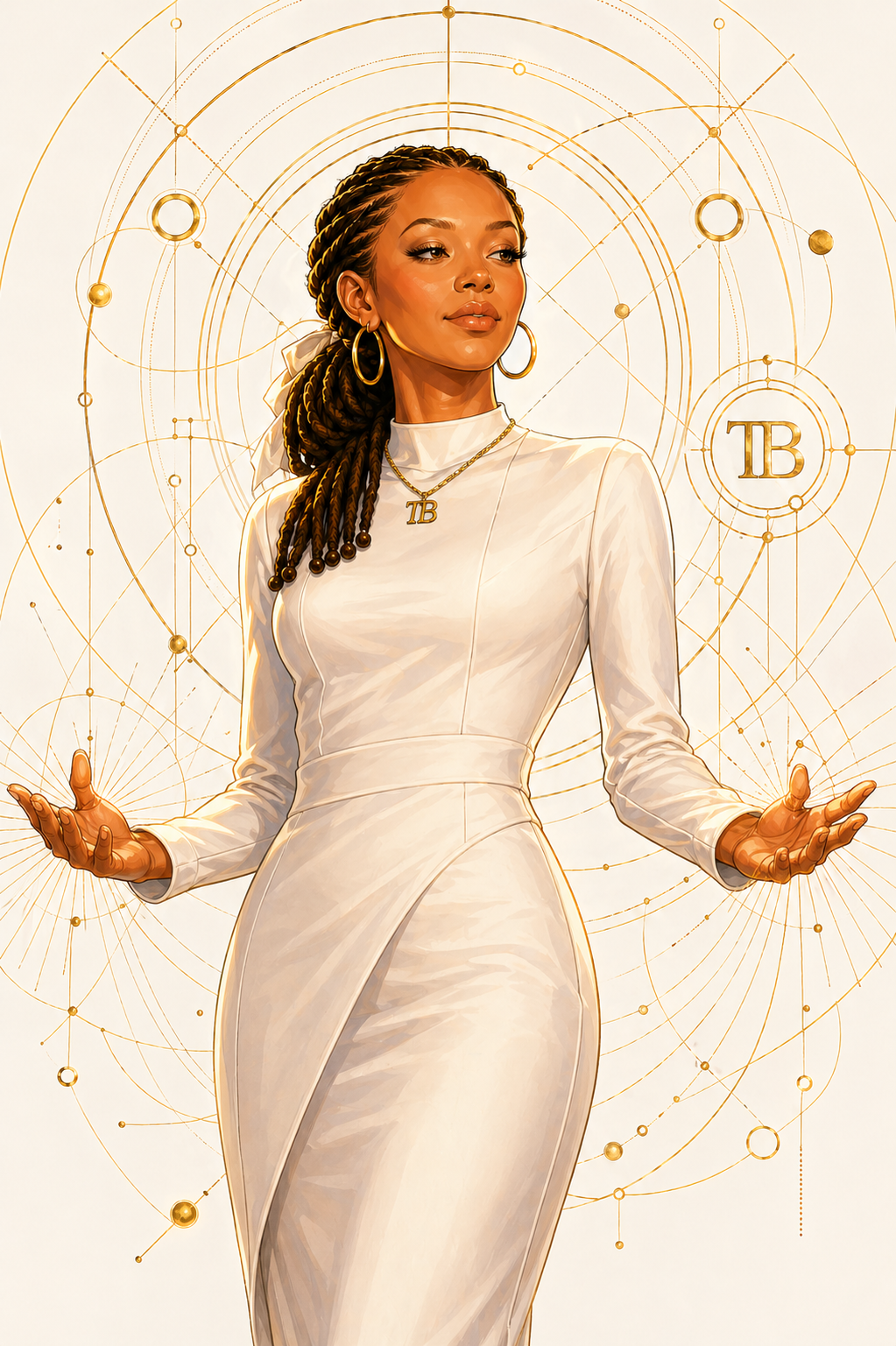 Professional woman in white dress with gold sacred geometry radiating outward, TB visible in the geometric field