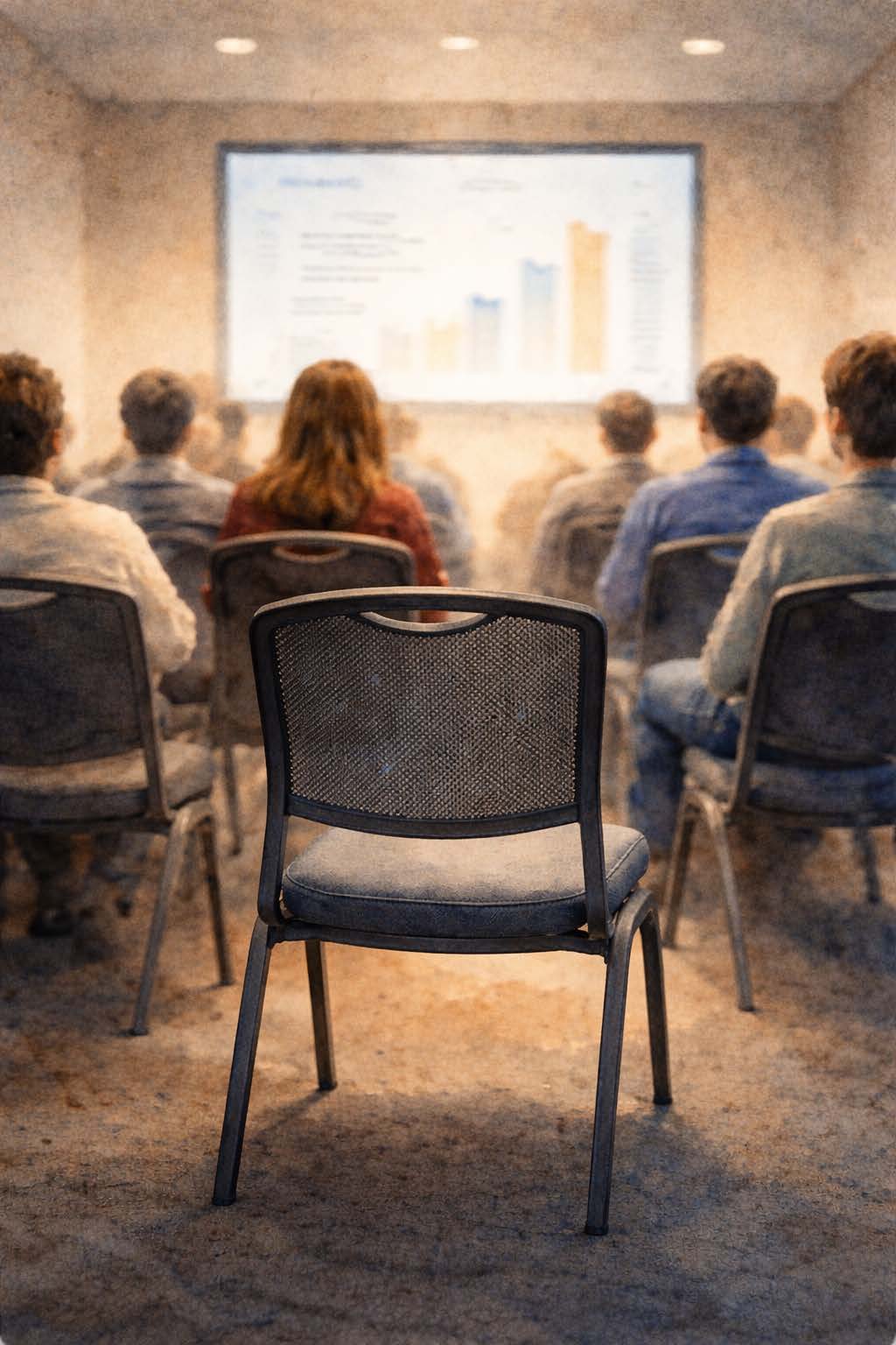 An empty chair at a training session while everyone else faces the screen