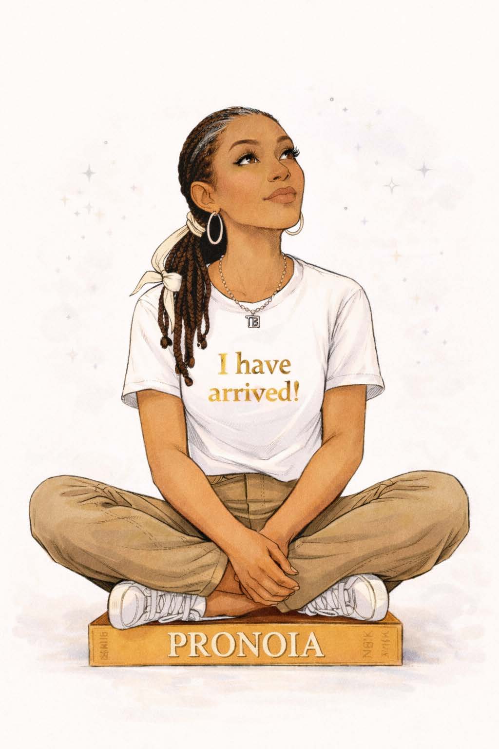 Illustration of a thoughtful woman seated on a PRONOIA book wearing a shirt that reads 'I have arrived!'
