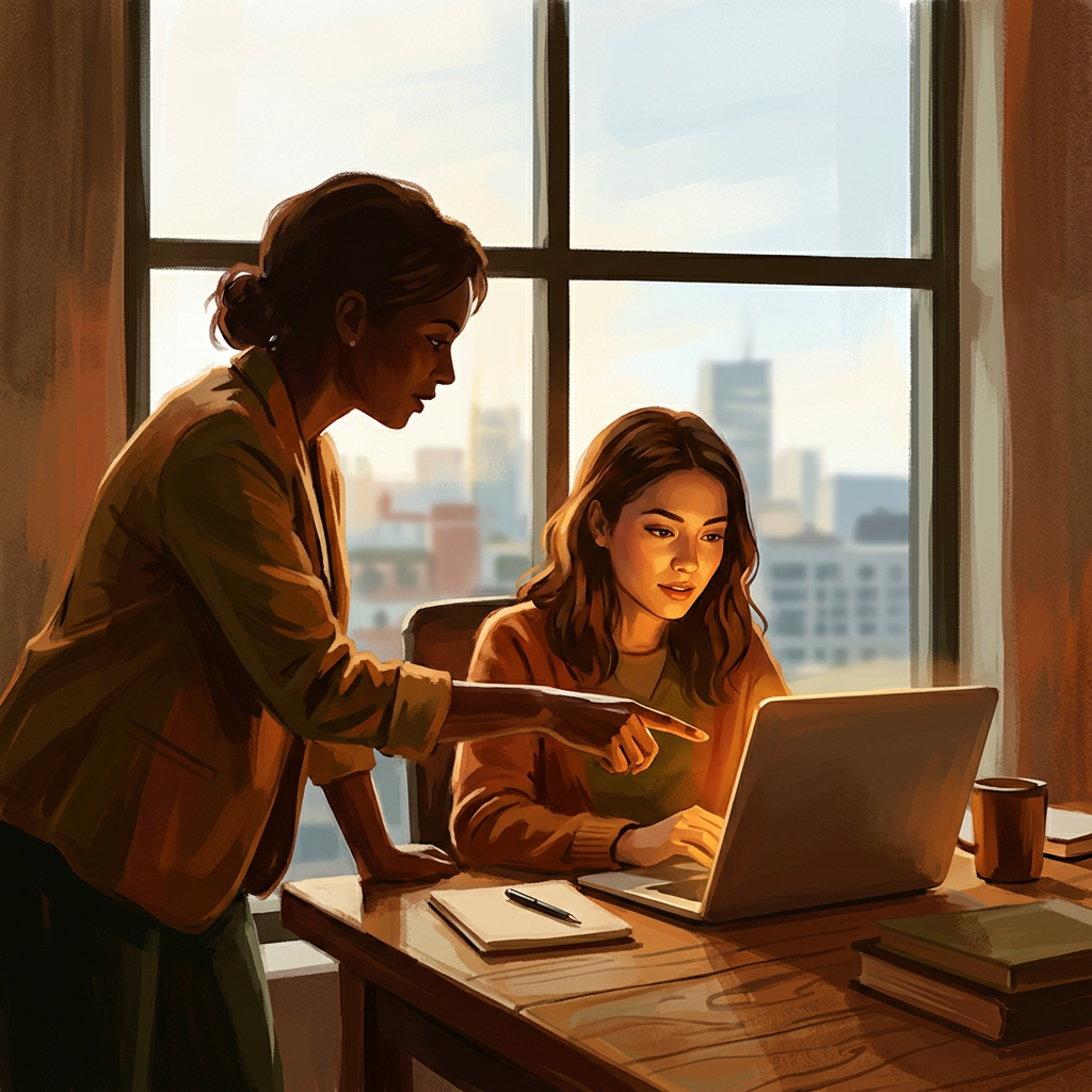 A professional woman at a moment of quiet clarity, representing the act of seeing someone before they see themselves