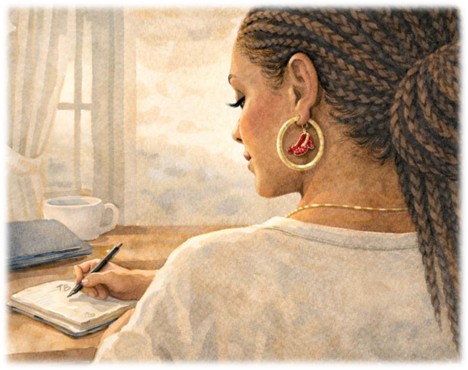 Watercolor illustration of professional woman with braids writing in journal, wearing gold hoop earrings with ruby red slipper charms, warm morning light